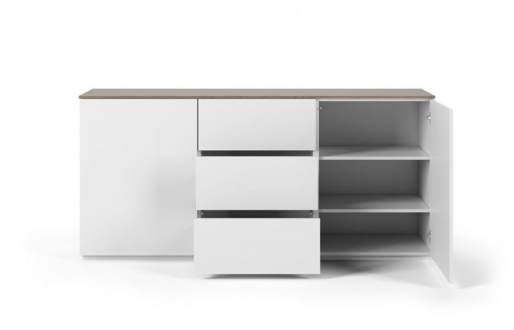 Buffet WHITY 2 blanc mat 180cm 2 portes/3 tiroirs Plateau en bois noyer